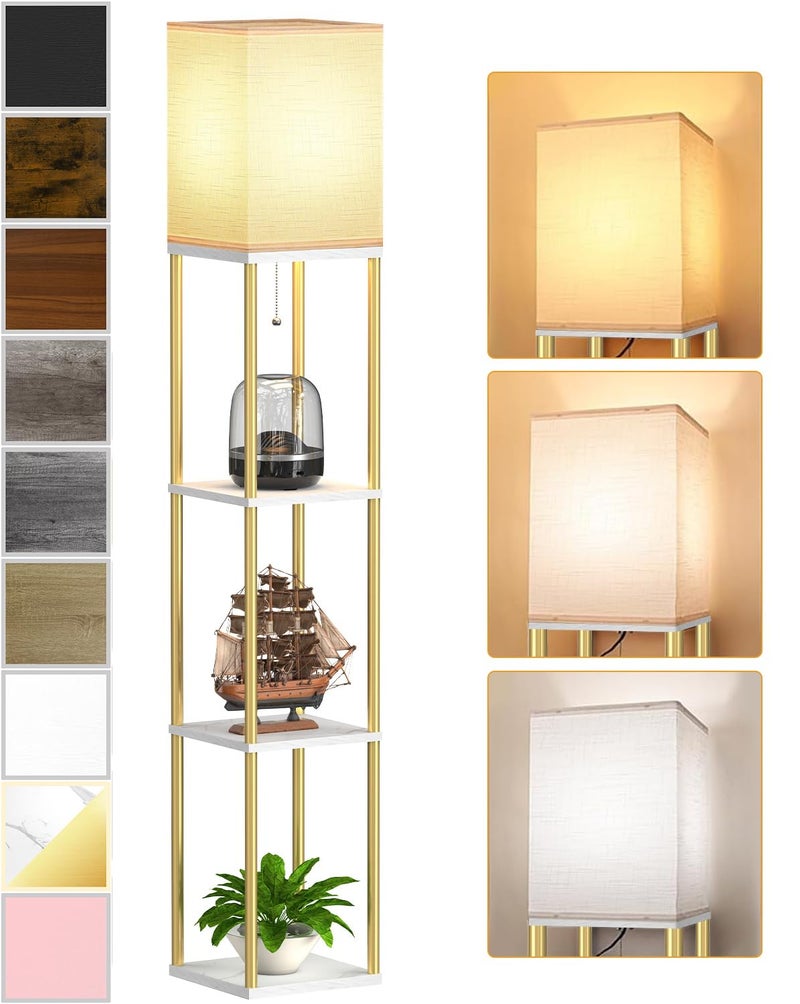 PARTPHONER Floor Lamp with Shelves, Modern Corner Display Standing Column Shelf Lamp Etagere Organizer Tower Nightstand with White Linen Shade for Living Room, Bedroom and Office, Marble White and Gold Poles - Image 1