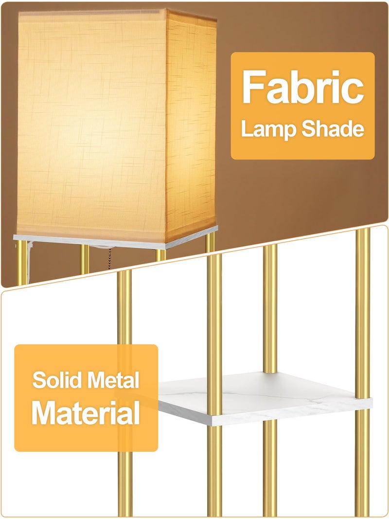 PARTPHONER Floor Lamp with Shelves, Modern Corner Display Standing Column Shelf Lamp Etagere Organizer Tower Nightstand with White Linen Shade for Living Room, Bedroom and Office, Marble White and Gold Poles - Image 2