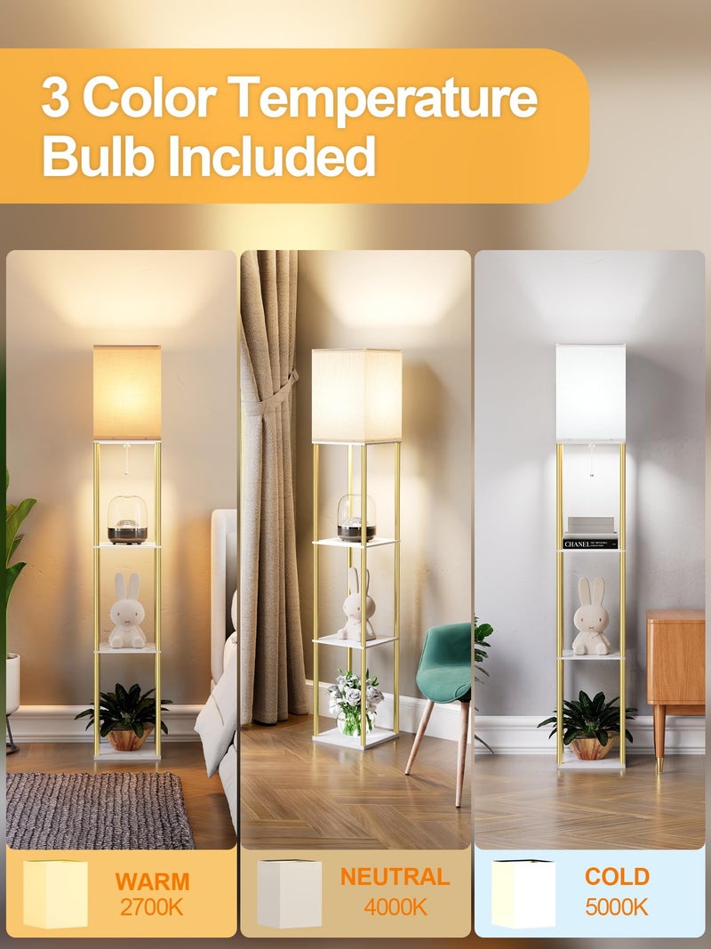 PARTPHONER Floor Lamp with Shelves, Modern Corner Display Standing Column Shelf Lamp Etagere Organizer Tower Nightstand with White Linen Shade for Living Room, Bedroom and Office, Marble White and Gold Poles - Image 3