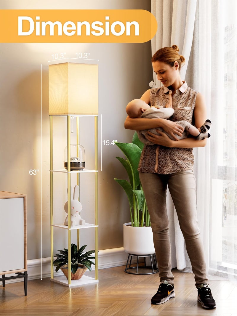 PARTPHONER Floor Lamp with Shelves, Modern Corner Display Standing Column Shelf Lamp Etagere Organizer Tower Nightstand with White Linen Shade for Living Room, Bedroom and Office, Marble White and Gold Poles - Image 5