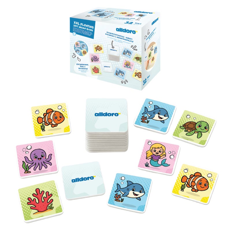 alldoro XXL Floating Soft Memo Bath Game 33 Pieces | EVA Foam Cards | 10x10cm | Sticks to Wet Surfaces | Waterproof Memory Match for Kids Age 3+ - Image 1