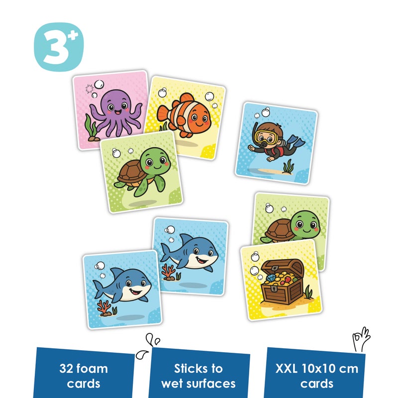 alldoro XXL Floating Soft Memo Bath Game 33 Pieces | EVA Foam Cards | 10x10cm | Sticks to Wet Surfaces | Waterproof Memory Match for Kids Age 3+ - Image 2