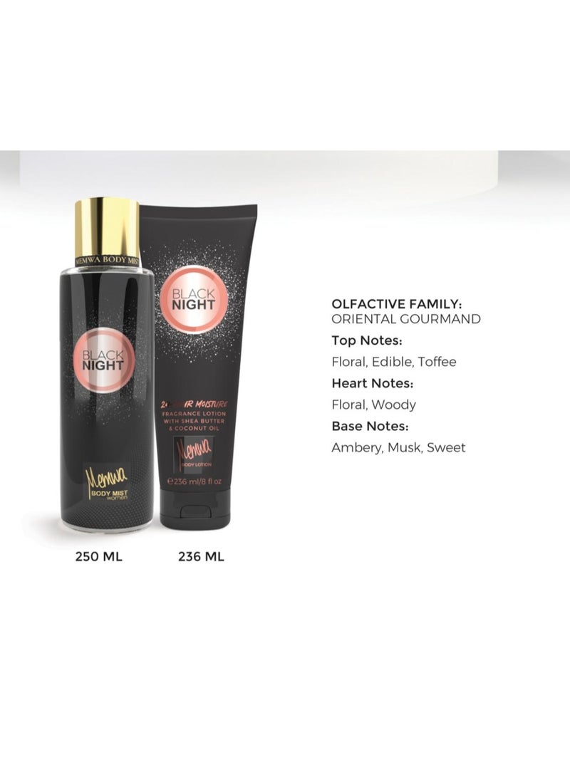 Gulf Orchid - Gift Set - Memwa Black Night (236 ML body lotion & 250 ML Body Mist) Floral, Edible, Toffee - Image 2