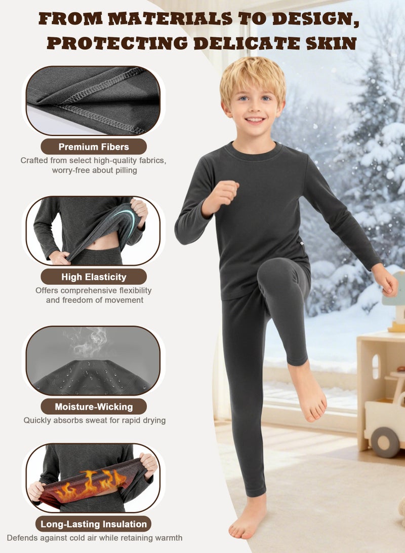 نكومي مجموعة ملابس داخلية شتوية للأطفال بطانة خفيفة الوزن وفائقة النعومة من الصوف المفرش نمط موحد يناسب الأولاد والبنات مجموعة قميص طويل الأكمام وسروال مثالية للتزلج وكرة القدم والرياضة والطقس البارد (رمادي غامق) - Image 2