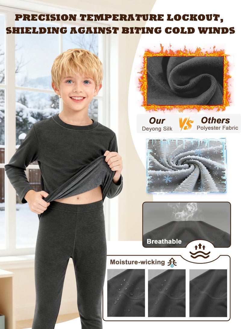 نكومي مجموعة ملابس داخلية شتوية للأطفال بطانة خفيفة الوزن وفائقة النعومة من الصوف المفرش نمط موحد يناسب الأولاد والبنات مجموعة قميص طويل الأكمام وسروال مثالية للتزلج وكرة القدم والرياضة والطقس البارد (رمادي غامق) - Image 3