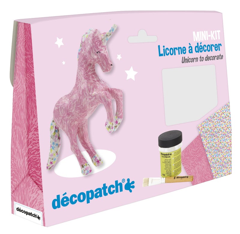 DÃ©copatch Décopatch - Ref KIT009O - Unicorn Mini Kit - Suitable for Children - Includes White Papier Mache Animal, 2 x Décopatch Sheets, Brush & Pot of PaperPatch Glue - Image 1