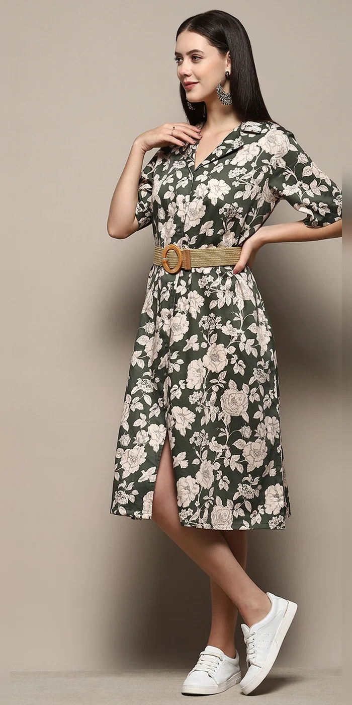 Biba  Women Dark Green Pure Cotton Floral Printed Straight Dress  | Best Price UAE