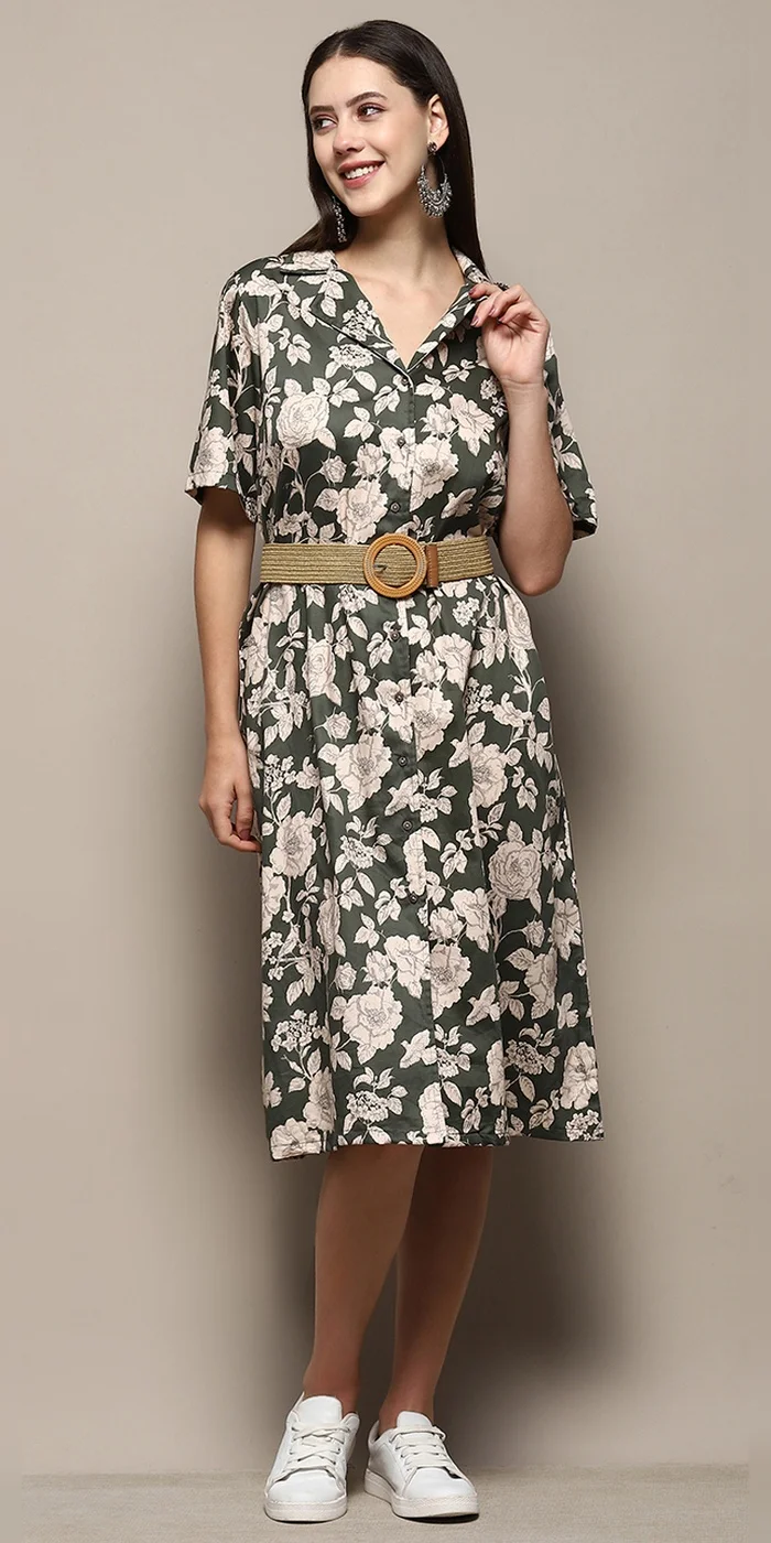 Women Dark Green Pure Cotton Floral Printed Straight Dress