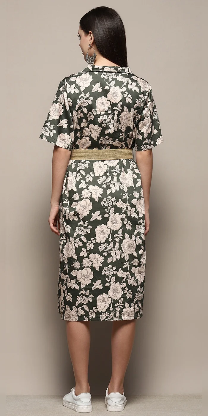 Biba  Women Dark Green Pure Cotton Floral Printed Straight Dress  | Best Price UAE