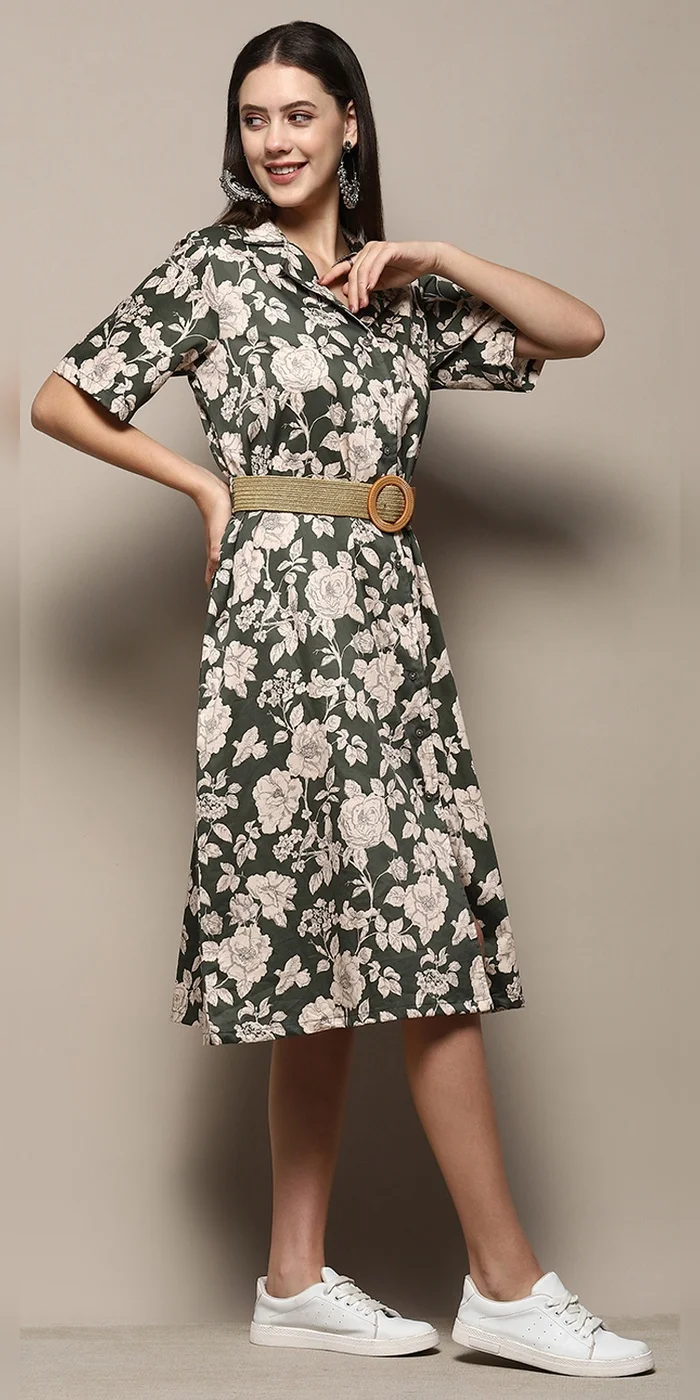 Biba  Women Dark Green Pure Cotton Floral Printed Straight Dress  | Best Price UAE