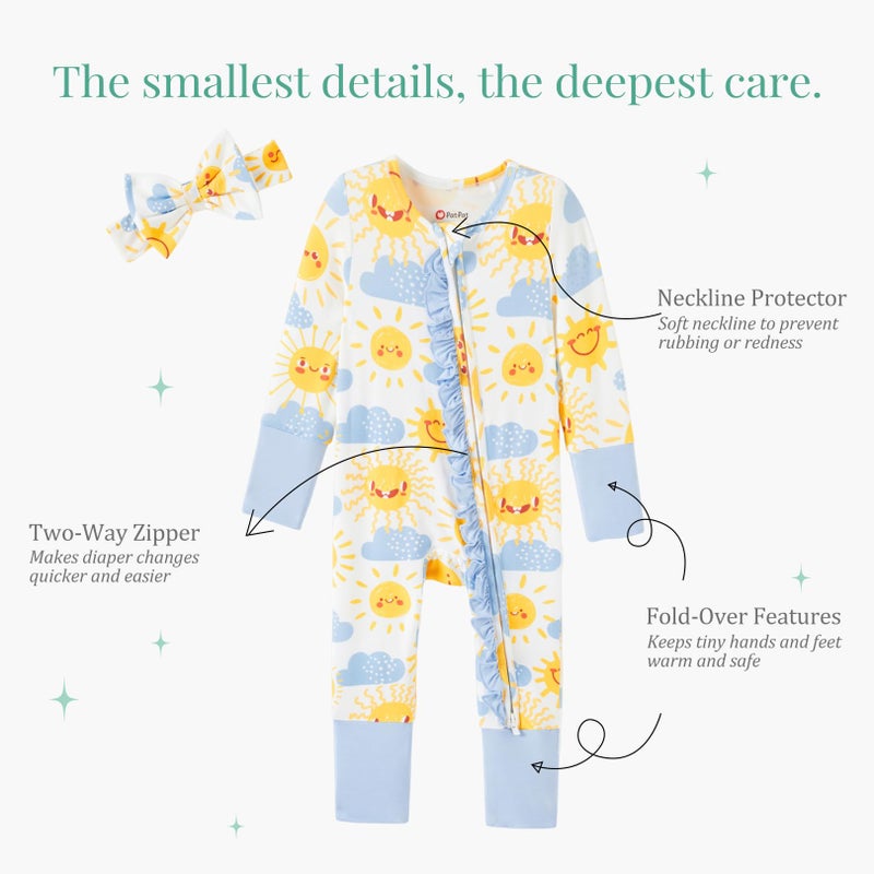 PATPAT Baby Girl Infant Clothes Footie Pajamasâ€“ Soft Viscose from Bamboo, Stretch Feel â€“ 2-Way Ruffled Zipper, Fold-Over Mittens & Cuffs Happy Suns 3-6 Months - Image 5