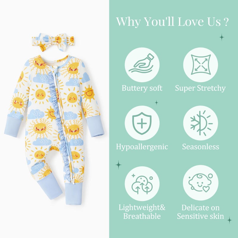 PATPAT Baby Girl Infant Clothes Footie Pajamasâ€“ Soft Viscose from Bamboo, Stretch Feel â€“ 2-Way Ruffled Zipper, Fold-Over Mittens & Cuffs Happy Suns 3-6 Months - Image 3