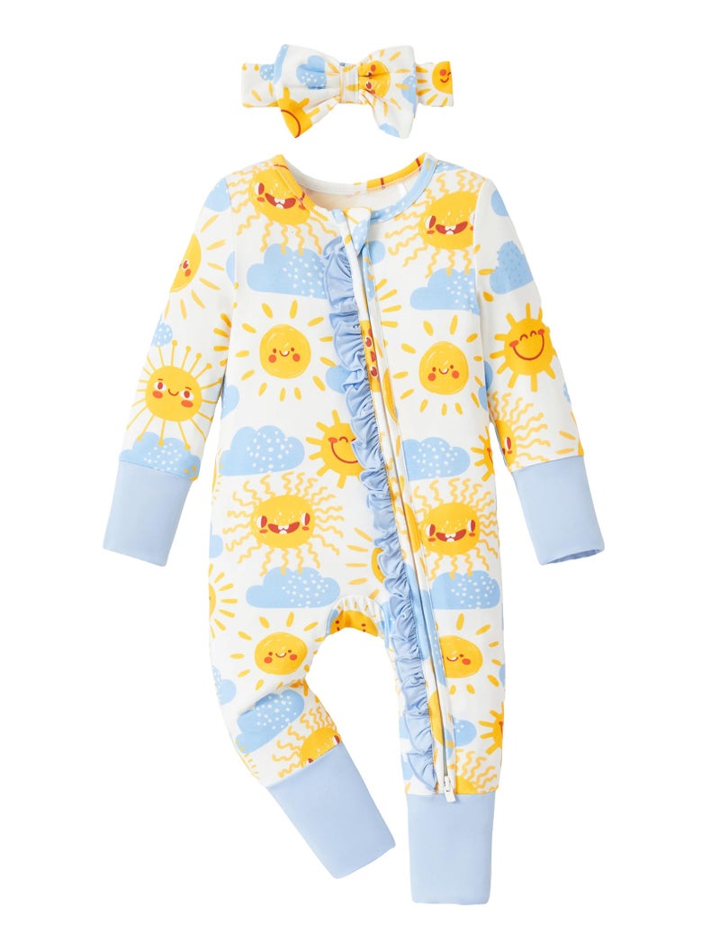 PATPAT Baby Girl Infant Clothes Footie Pajamasâ€“ Soft Viscose from Bamboo, Stretch Feel â€“ 2-Way Ruffled Zipper, Fold-Over Mittens & Cuffs Happy Suns 3-6 Months - Image 1