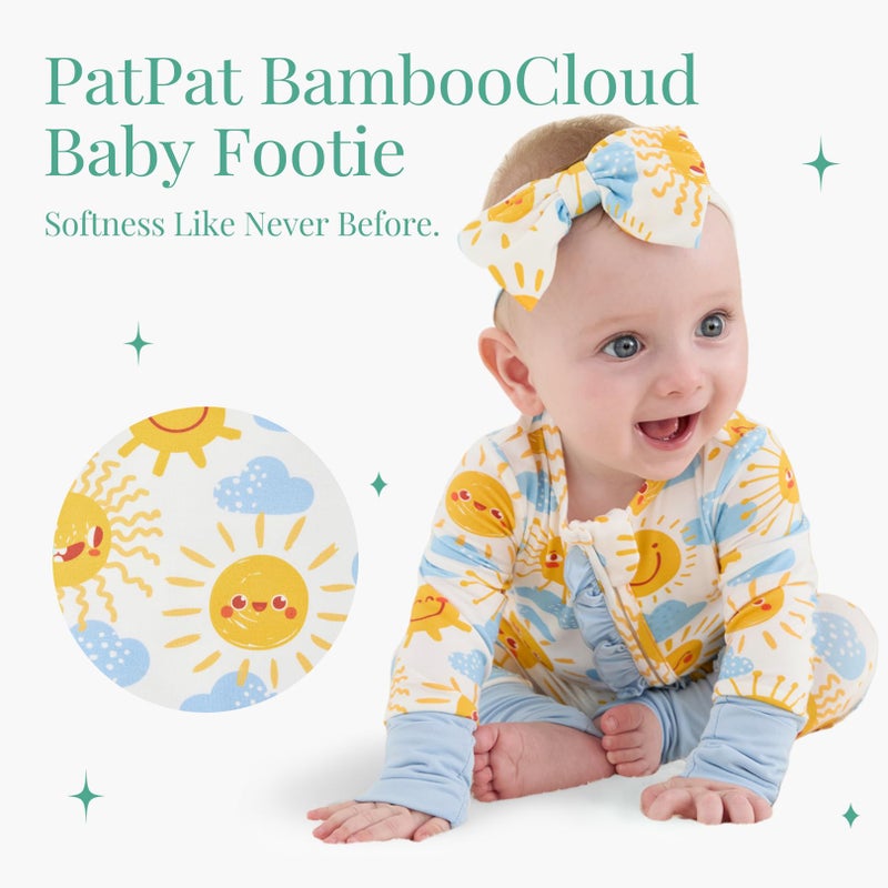 PATPAT Baby Girl Infant Clothes Footie Pajamasâ€“ Soft Viscose from Bamboo, Stretch Feel â€“ 2-Way Ruffled Zipper, Fold-Over Mittens & Cuffs Happy Suns 3-6 Months - Image 2