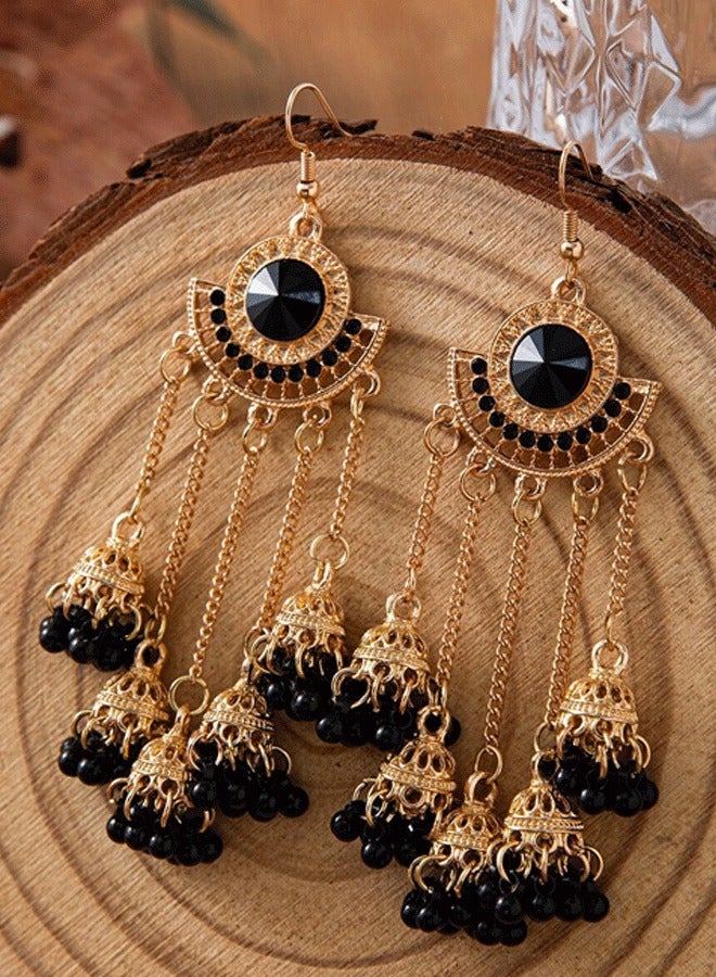 Ethnic Indian Jhumka Earrings for Women, Black & Golden Chain Tassel Earrings, Traditional Gold Plated Ethnic Statement Earrings - Image 1