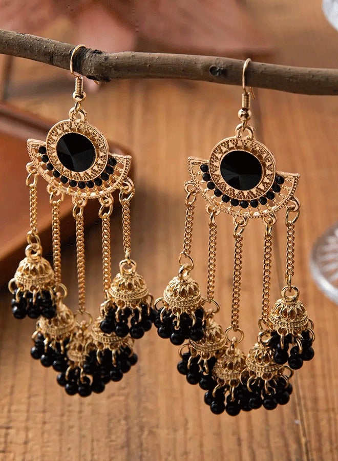 Ethnic Indian Jhumka Earrings for Women, Black & Golden Chain Tassel Earrings, Traditional Gold Plated Ethnic Statement Earrings - Image 2