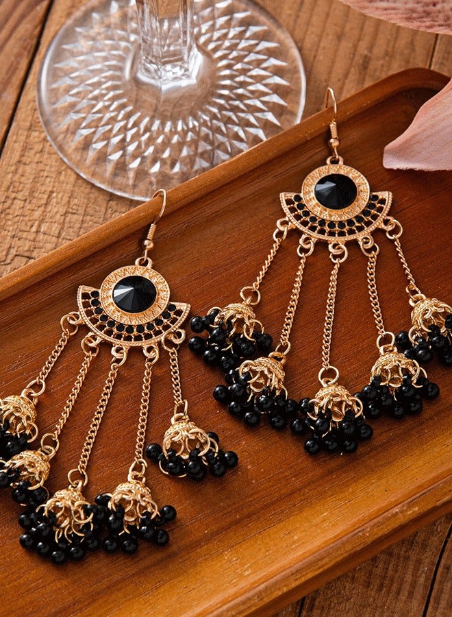 Ethnic Indian Jhumka Earrings for Women, Black & Golden Chain Tassel Earrings, Traditional Gold Plated Ethnic Statement Earrings - Image 3