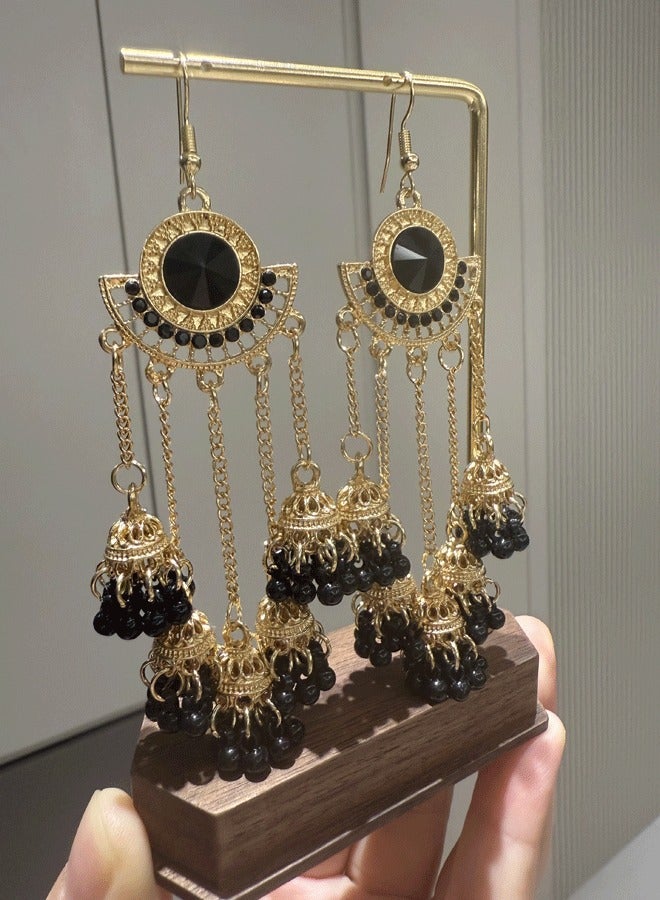 Ethnic Indian Jhumka Earrings for Women, Black & Golden Chain Tassel Earrings, Traditional Gold Plated Ethnic Statement Earrings - Image 4