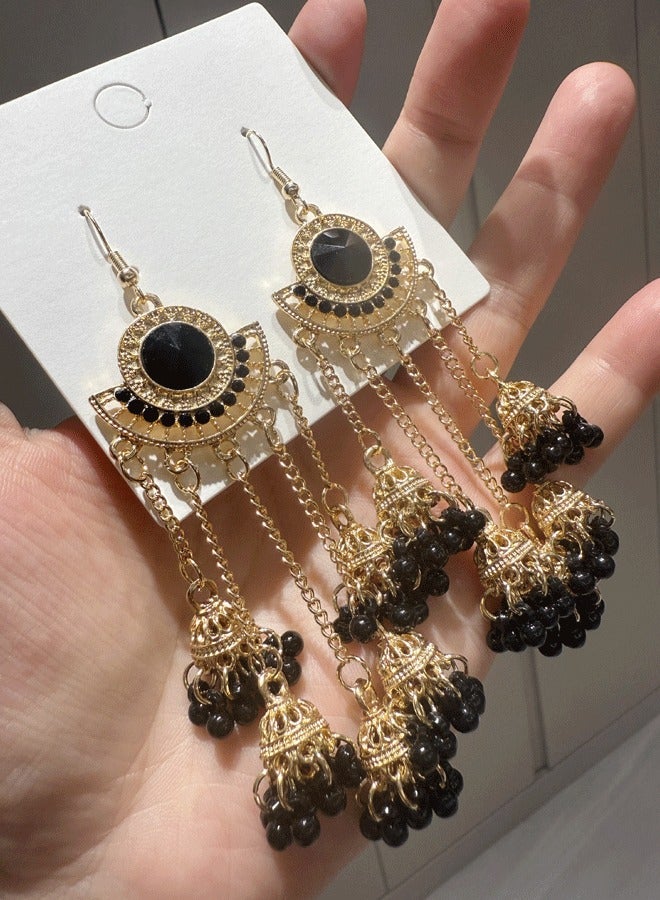 Ethnic Indian Jhumka Earrings for Women, Black & Golden Chain Tassel Earrings, Traditional Gold Plated Ethnic Statement Earrings - Image 5