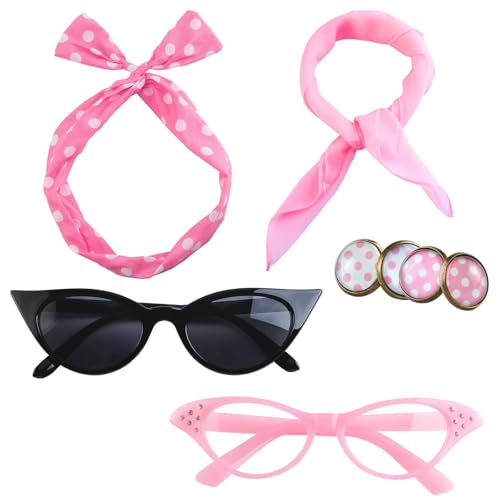 Aneco 6 Pack 50s Costume Set Chiffon Scarf Cat Eye Glasses Bandana Tie Headband Earrings for Women Accessories - Image 1