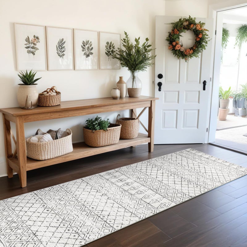BYYVOO Hallway Runner Rug Washable 2'6"x8': Moroccan Non Slip Runner Rugs Soft Indoor Floor Carpet Low Pile Mat with Rubber Backing for Living Room Kitchen Bedroom 2'6"x8' Geo Grey - Image 1