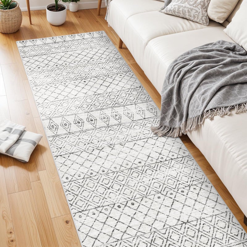 BYYVOO Hallway Runner Rug Washable 2'6"x8': Moroccan Non Slip Runner Rugs Soft Indoor Floor Carpet Low Pile Mat with Rubber Backing for Living Room Kitchen Bedroom 2'6"x8' Geo Grey - Image 3