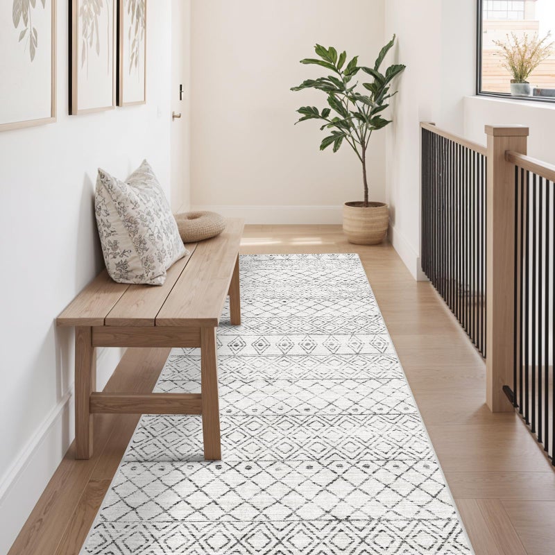 BYYVOO Hallway Runner Rug Washable 2'6"x8': Moroccan Non Slip Runner Rugs Soft Indoor Floor Carpet Low Pile Mat with Rubber Backing for Living Room Kitchen Bedroom 2'6"x8' Geo Grey - Image 2