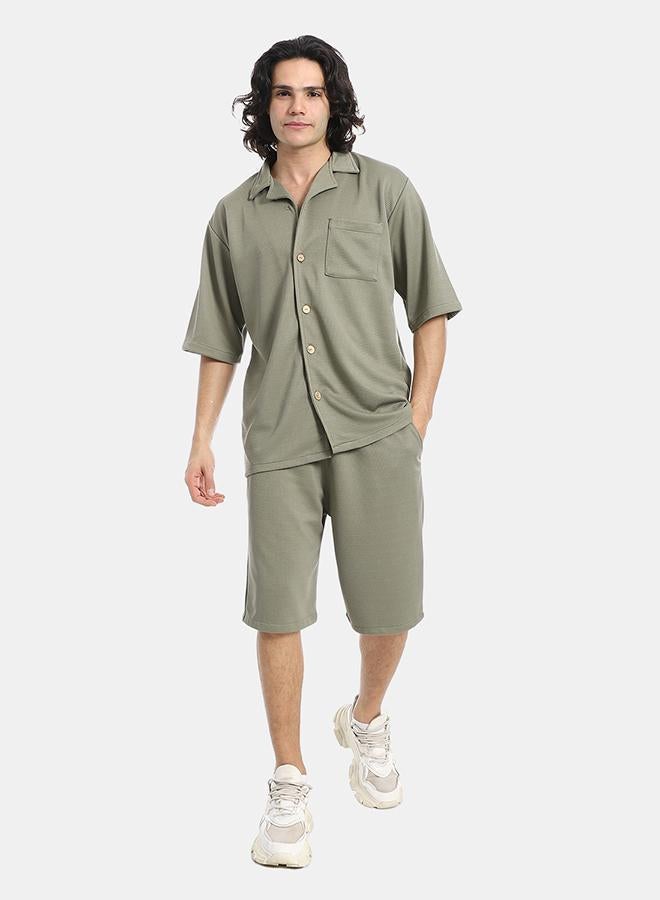 Red Circle Regular Fit Pique Olive Shirt and Shorts Set - Image 1