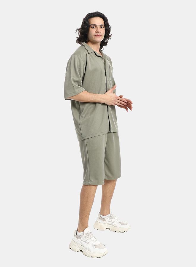 Red Circle Regular Fit Pique Olive Shirt and Shorts Set - Image 2