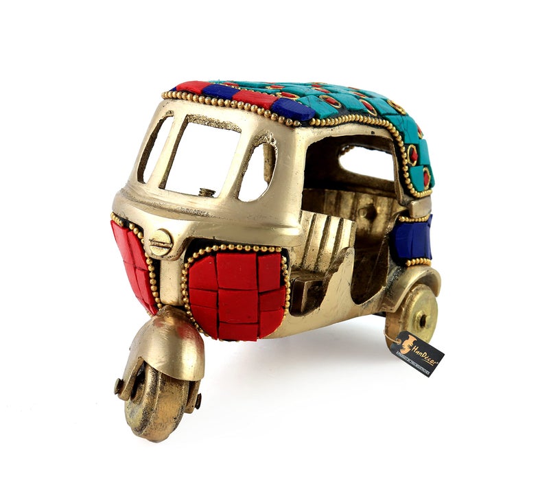 Two Moustaches Vintage Style Auto Rickshaw Miniature Brass Decor Showpiece Living Room Decor Multicolored 45 x 24 x 3 Inches Pack of 1