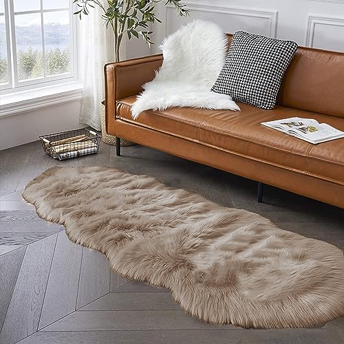 Latepis Runner Faux Fur Rug Camel Beige 2x6 Rugs Fluffy Furry Washable Sheepskin Rug Small Area Rugs for Living Room Sofa Bedroom Carpets Sheepskin - Image 3