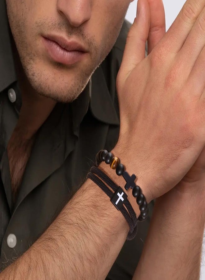 MOZAKA 2PCS Cross Bracelets for Men with Wooden Cross My Heart - Religious Christian Gifts Adjustable Men Bracelet Beads Jewelry for Birthday Christmas Easter Baptism Stocking Stuffers - Image 4