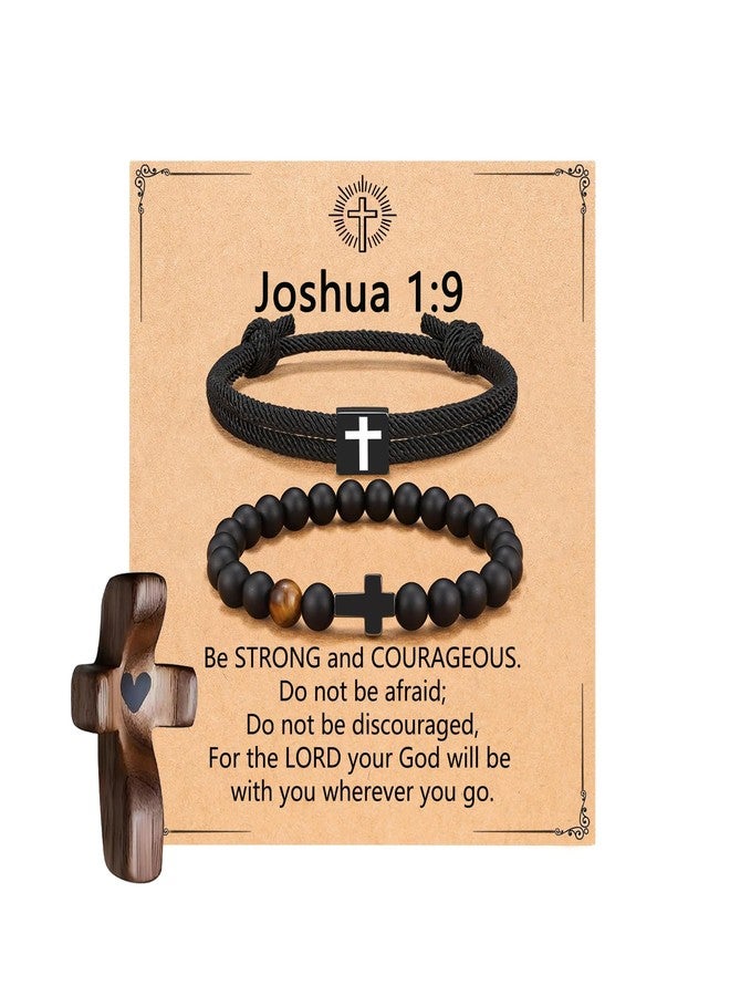 MOZAKA 2PCS Cross Bracelets for Men with Wooden Cross My Heart - Religious Christian Gifts Adjustable Men Bracelet Beads Jewelry for Birthday Christmas Easter Baptism Stocking Stuffers - Image 1