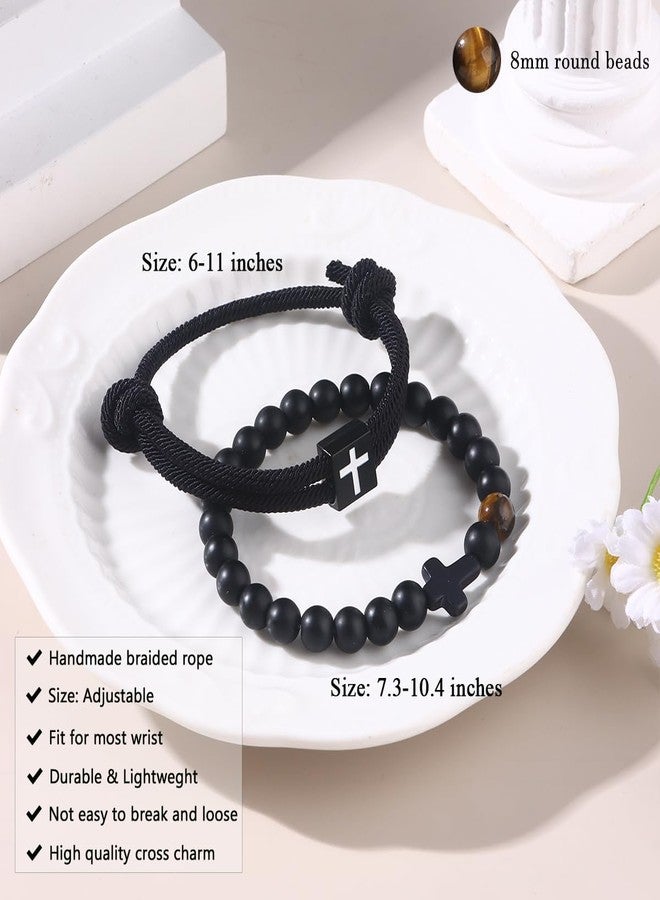MOZAKA 2PCS Cross Bracelets for Men with Wooden Cross My Heart - Religious Christian Gifts Adjustable Men Bracelet Beads Jewelry for Birthday Christmas Easter Baptism Stocking Stuffers - Image 3