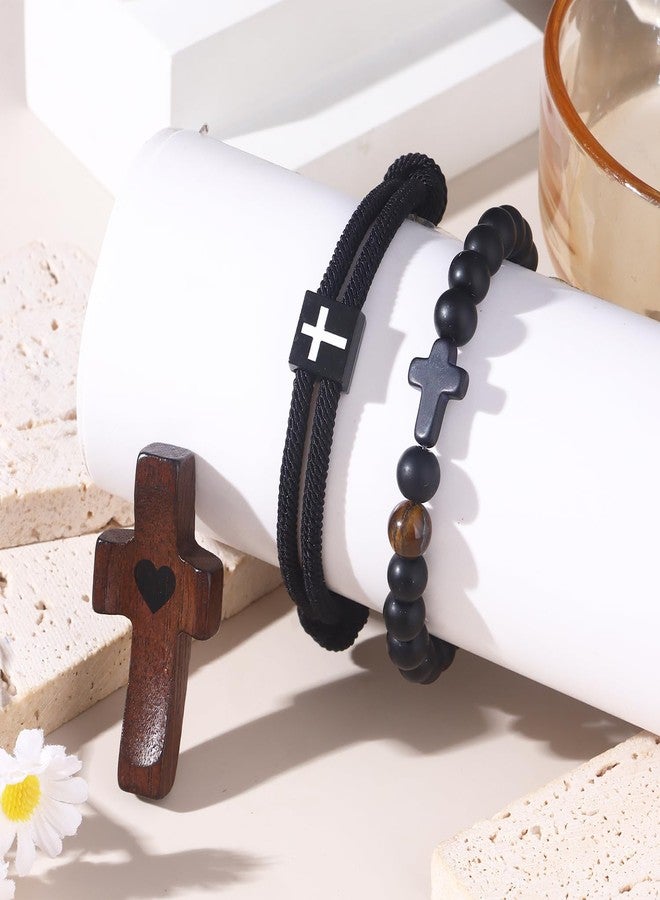 MOZAKA 2PCS Cross Bracelets for Men with Wooden Cross My Heart - Religious Christian Gifts Adjustable Men Bracelet Beads Jewelry for Birthday Christmas Easter Baptism Stocking Stuffers - Image 5