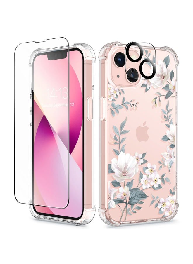 GVIEWIN Designed for iPhone 13 Case 6.1 Inch, with Tempered Glass Screen Protector + Camera Lens Protector Clear Flower Soft & Flexible Shockproof Floral Women Phone Cover（Magnolia/White） - Image 1