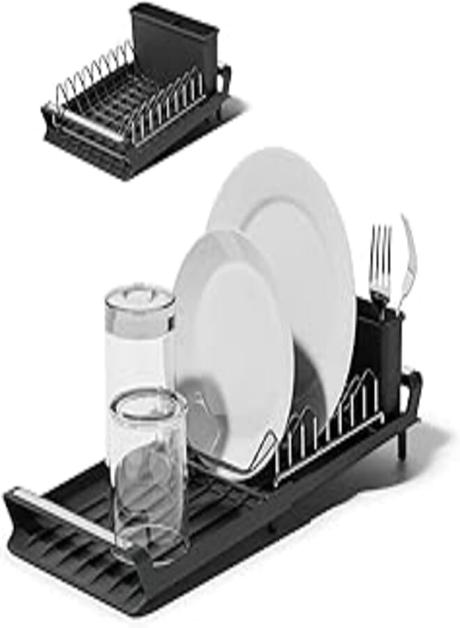 Clove Small Dish Drainer Black Compact Extensible Dish Drying Rack with Drip Tray Kitchen Sink, Plastic Caravan Draining Board with Foldable Chrome Metal Rack and Stainless Steel