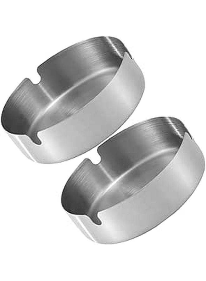 Stainless Steel Ashtray Set of 2 Round Desk Trays with Cigarette Slot Portable Modern Classic Style - Image 1