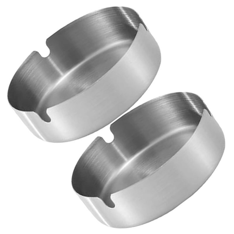 Stainless Steel Ashtray Set of 2 Round Desk Trays with Cigarette Slot Portable Modern Classic Style - Image 2