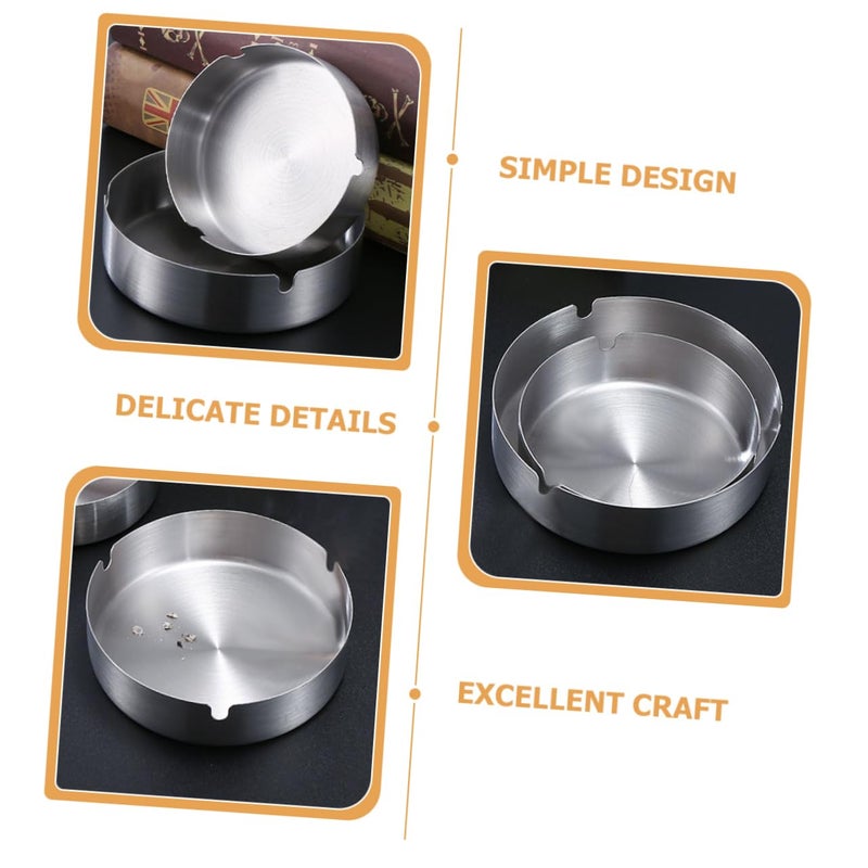 Stainless Steel Ashtray Set of 2 Round Desk Trays with Cigarette Slot Portable Modern Classic Style - Image 5