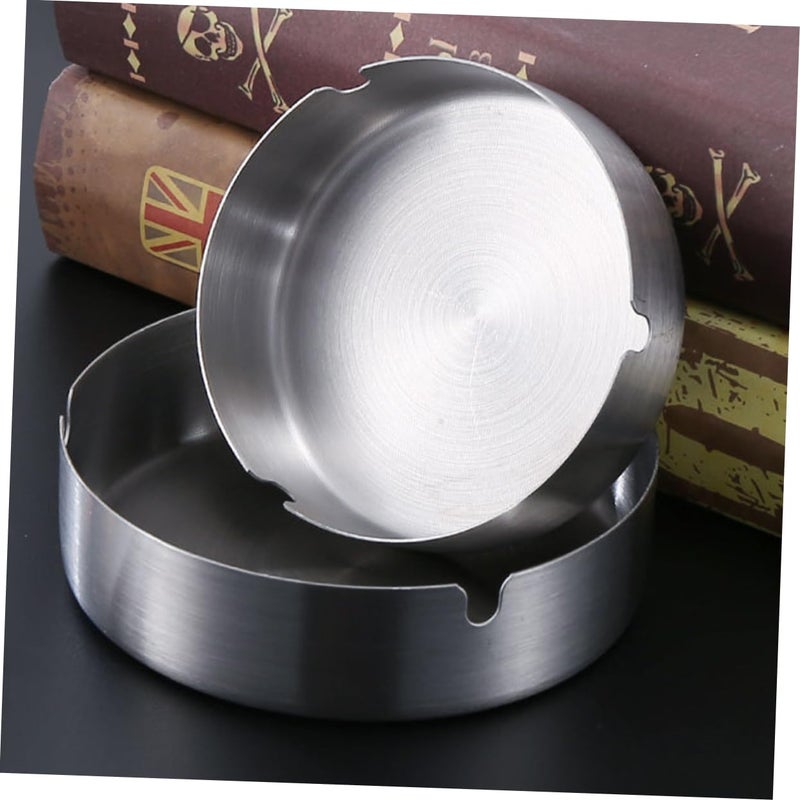Stainless Steel Ashtray Set of 2 Round Desk Trays with Cigarette Slot Portable Modern Classic Style - Image 4