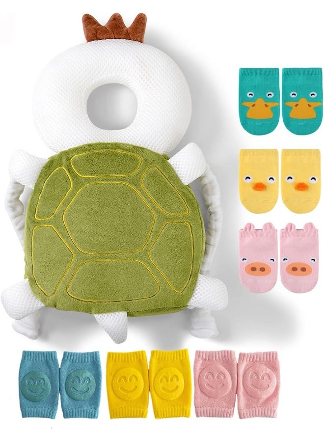 JunNeng JunNeng Toddler Baby Head Protector Pad Safety Cushion with Knee Pads & Anti-Slip Sock, Turtle - Image 1