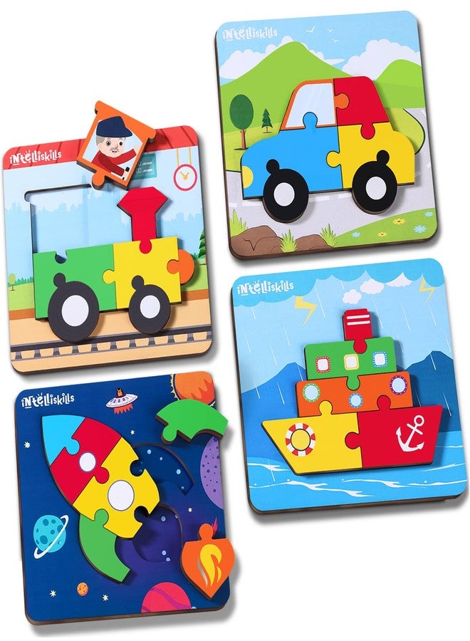 FIRSTCRY INTELLISKILLS أحجية تركيب المركبات الخشبية ثلاثية الأبعاد من إنتليسكلز للأطفال، مجموعة من 4 قطع، 24 قطعة، أحجية بموضوع النقل مناسبة للأطفال من عمر 3 سنوات فما فوق، حواف دائرية آمنة وقطع كبيرة، مثالية كهدية، معتمدة من BIS - Image 1