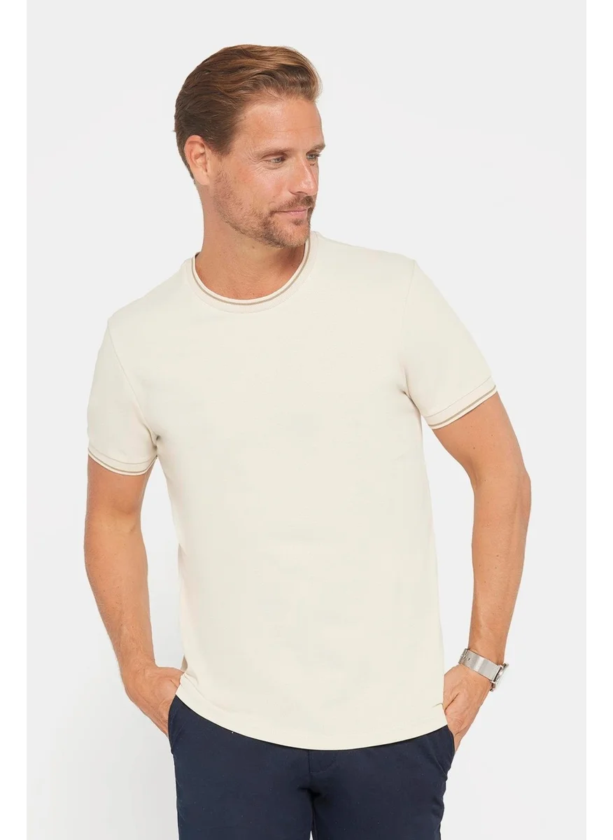 Tudors Men's Slim Fit Slim Cut 100% Cotton Plain Pique Stone Color Crew Neck T-Shirt