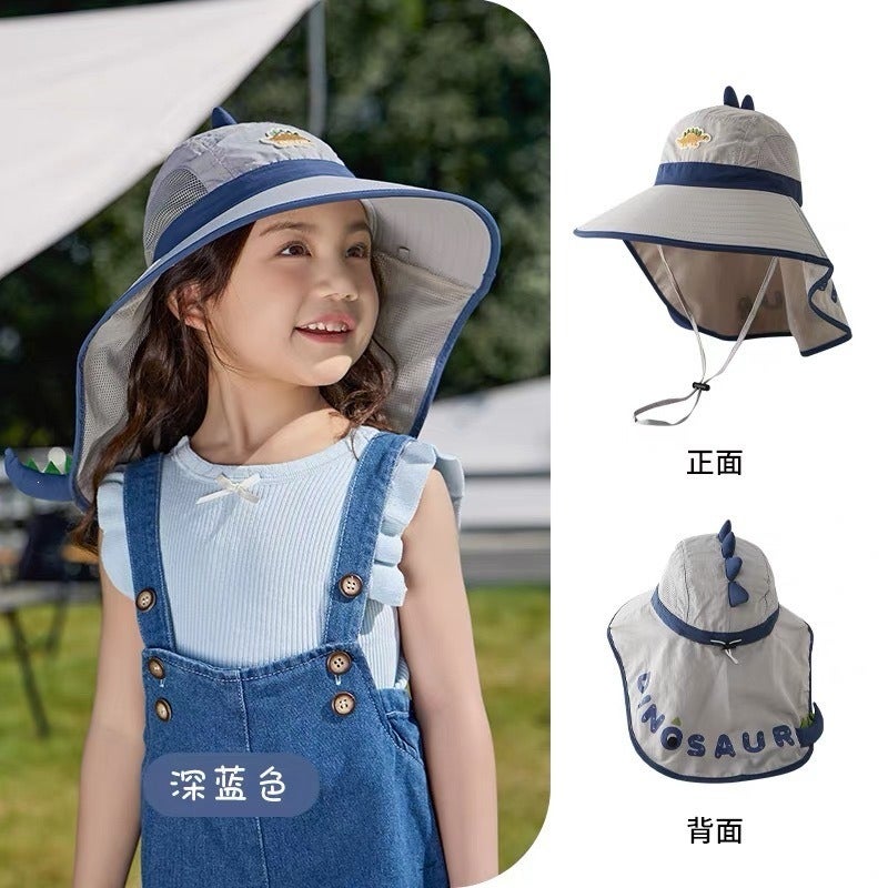 Kids' Sun Protection Hat with Dinosaur Design - Breathable Summer Beach Cap for Boys and Girls
