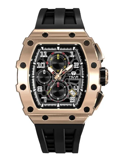 TSAR BOMBA Elemental Series 43mm Chronograph Men's Watch with Black Silicone Strap