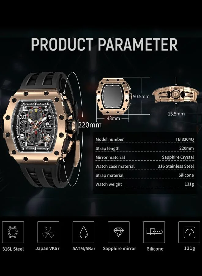 TSAR BOMBA Elemental Series 43mm Chronograph Men's Watch with Black Silicone Strap