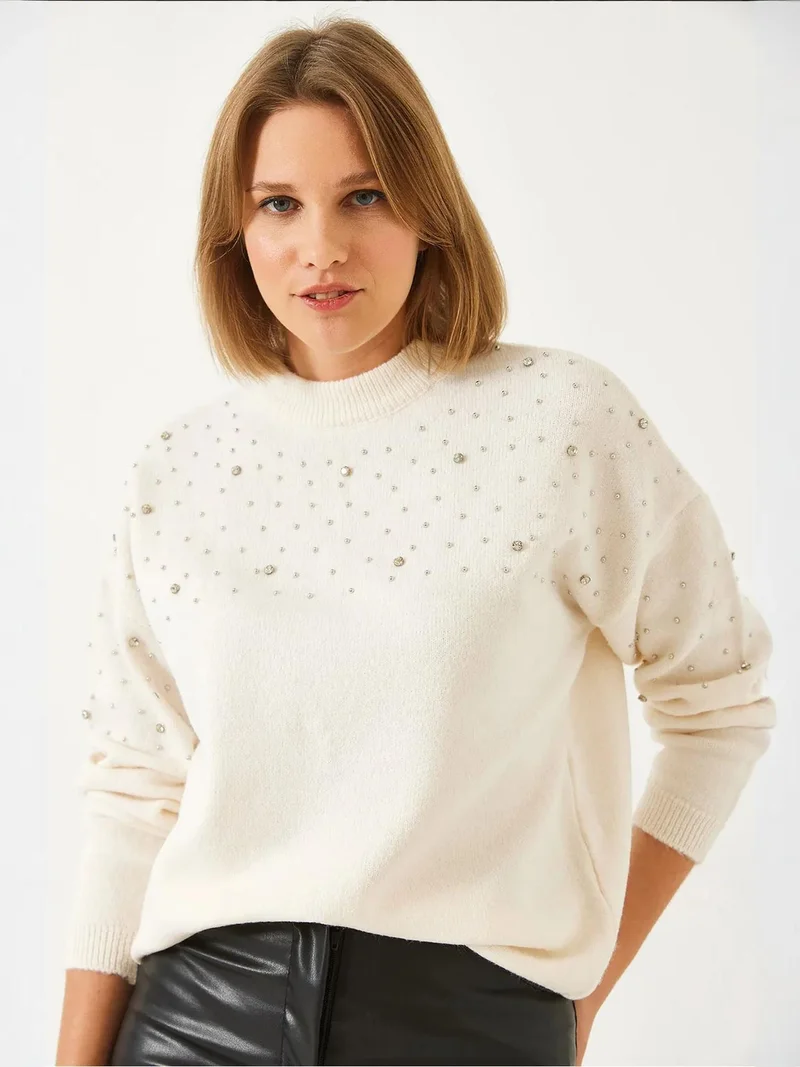 Bianco Lucci Beige Natural LUCCI Textured Embroidered Crew Neck Sweater for Women | Best Price UAE