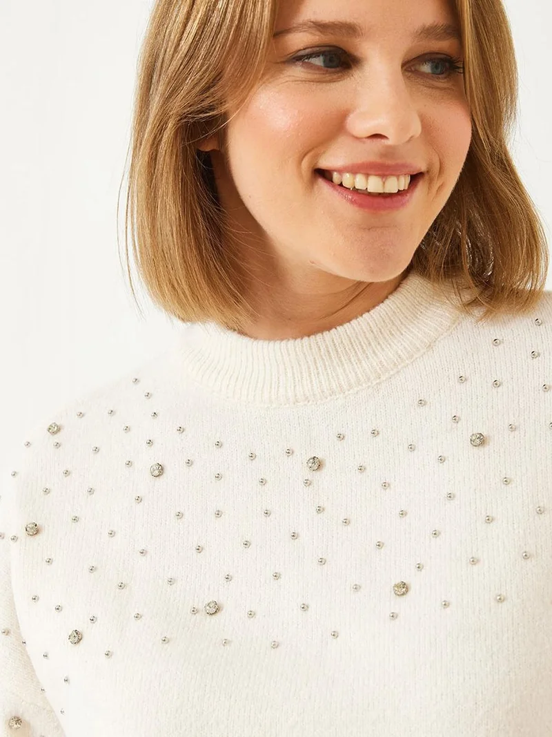 Bianco Lucci Beige Natural LUCCI Textured Embroidered Crew Neck Sweater for Women | Best Price UAE