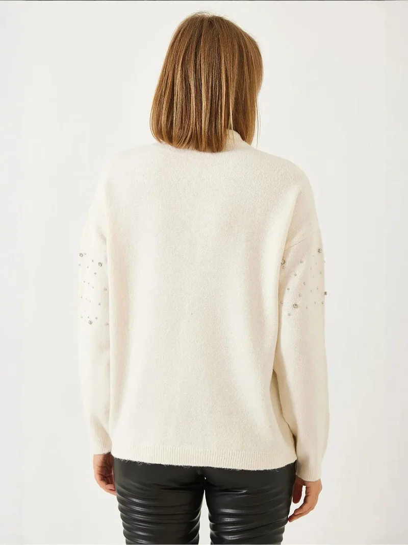 Bianco Lucci Beige Natural LUCCI Textured Embroidered Crew Neck Sweater for Women | Best Price UAE